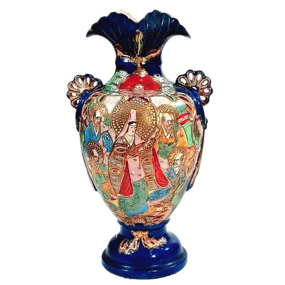 Other - Antique Famille Immortals Japanese Satsuma Moriage Cobalt Blue Vase 12" Vintage